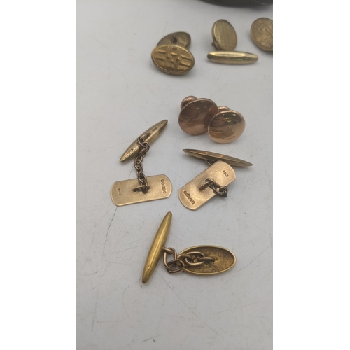 32 - Yellow gold and gold plated cufflinks and studs to include a pair of 9ct yellow gold front and back ... 