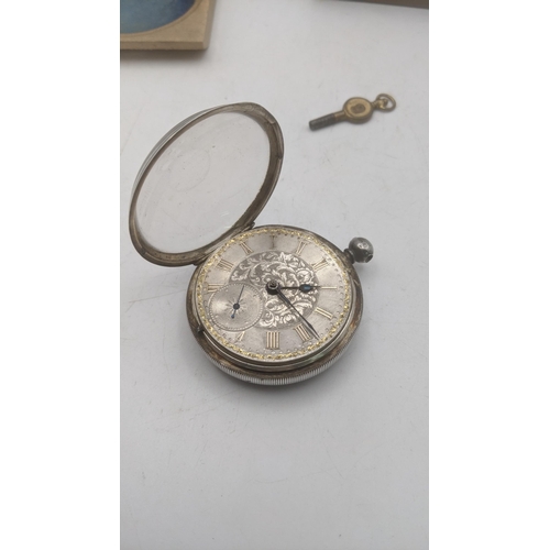 44 - An 19th century silver case open faced pocket watch hallmarked Chester, along with a fitted wooden b... 