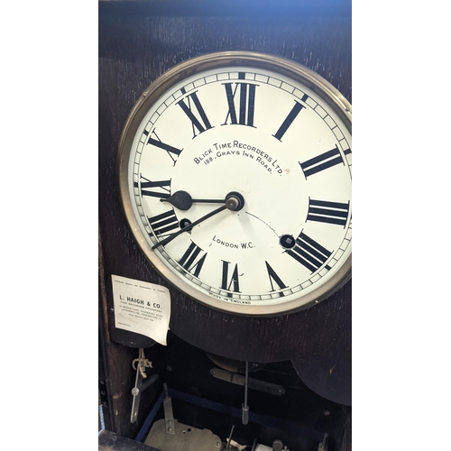 196 - An early 20th century oak cased Blick Time Recorders Ltd clocking in clock 82hx40w
Location LW8
If t... 