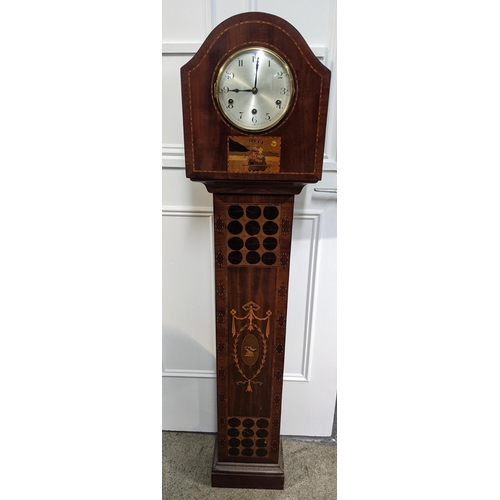 231 - An early 20th century mahogany marquetry inlaid 8 day granddaughter clock striking on rods, 137.5hx ... 