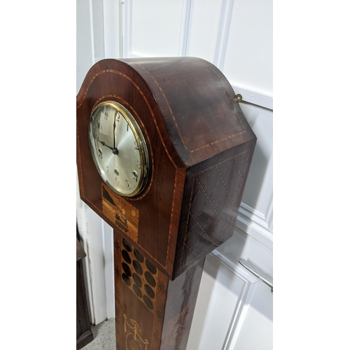 231 - An early 20th century mahogany marquetry inlaid 8 day granddaughter clock striking on rods, 137.5hx ... 