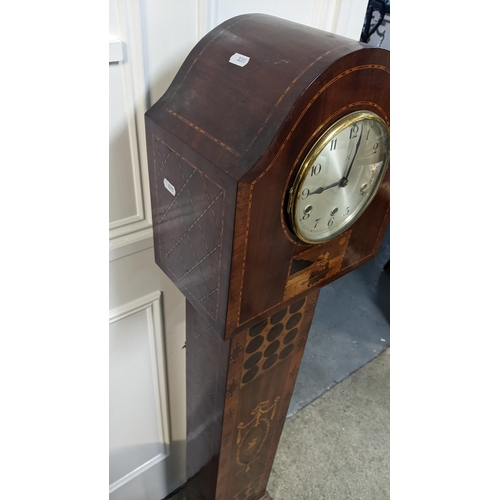 231 - An early 20th century mahogany marquetry inlaid 8 day granddaughter clock striking on rods, 137.5hx ... 