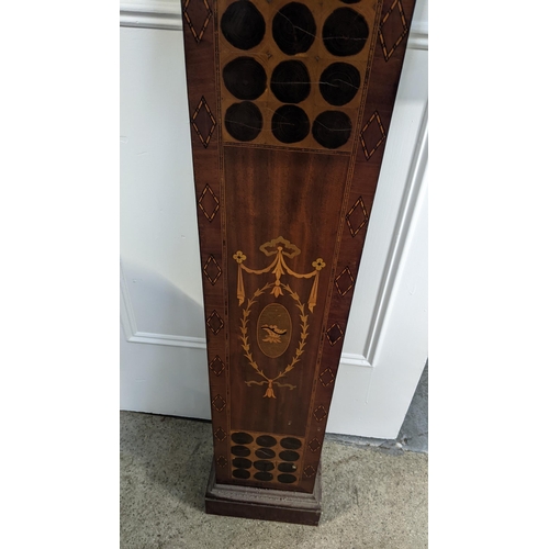 231 - An early 20th century mahogany marquetry inlaid 8 day granddaughter clock striking on rods, 137.5hx ... 