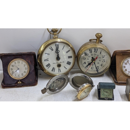 290 - Mixed clocks to include a Henri Lagin wall clock fashioned as a large pocket watch, travel / bedside... 