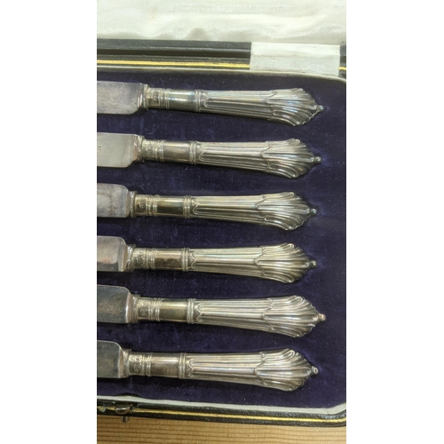 101 - Two set of silver handled butter knives in fitted cases one set hallmarked 1919 the other set A/F
 L... 