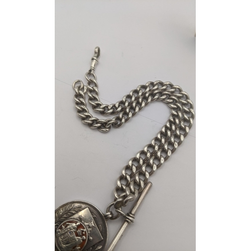 95 - A silver pocket watch chain with bulldog clip A/F T bar and silver and enamel fob 76.8g, together wi... 