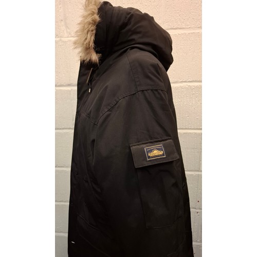 88 - A Penfield heavy duty black hooded coat with padded lining and faux fur trimmed hood, internal waist... 