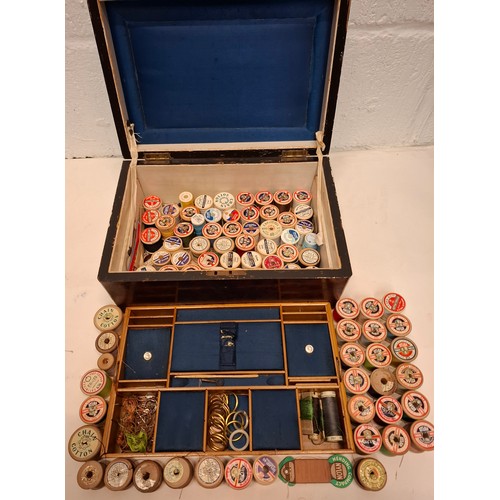 87 - A Victorian English burr walnut fitted sewing box to include 2nd Sylko branded cotton reels with 'si... 