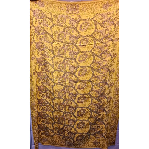 82 - A pre 1949 pair of Chinese single bed covers in mustard yellow with machine printed pattern and a ha... 