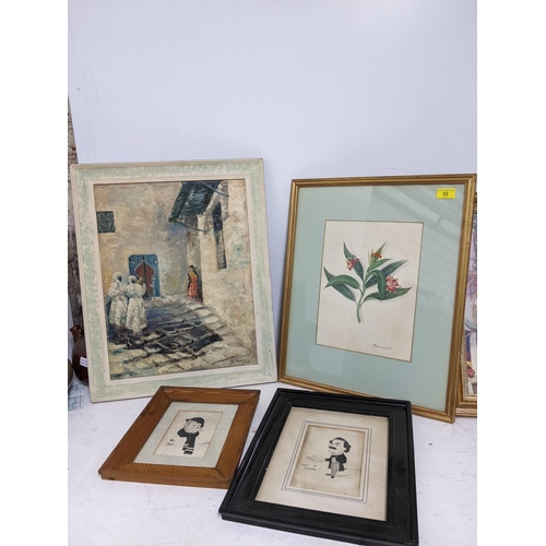 262 - Group of pictures to include a 19th century botanical watercolour depicting an ipecacuanha flowering... 