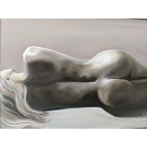 352 - An oil on canvas titled 'Nude Lady laying down', signed and dated in bottom right corner Foster (Mal... 