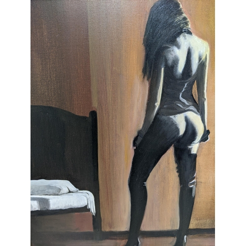 353 - An oil on canvas titled 'A study in form', a full-length study of a nude woman walking towards a bed... 