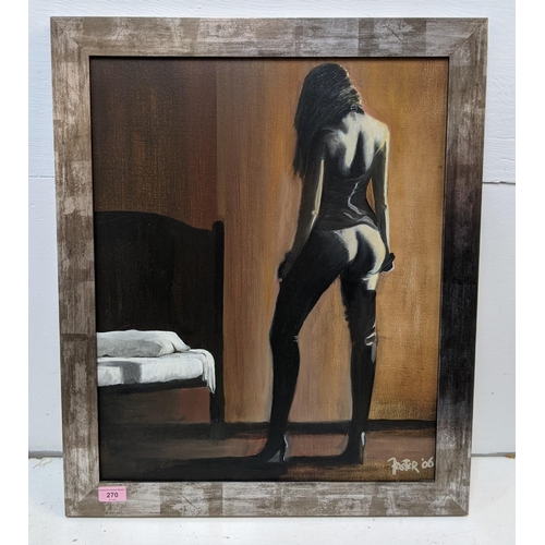 353 - An oil on canvas titled 'A study in form', a full-length study of a nude woman walking towards a bed... 