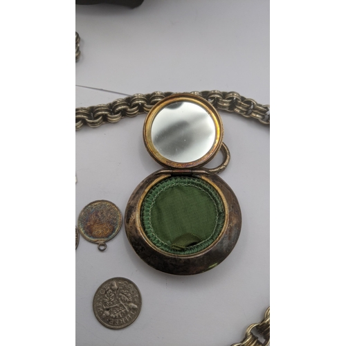 158 - Silver and white metal to include a silver compact engraved with initial M, a silver herringbone bea... 