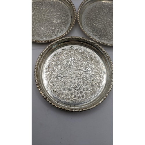 160 - A set of six white metal pin dishes with embossed and engraved design, total weight 258g Location:CA... 