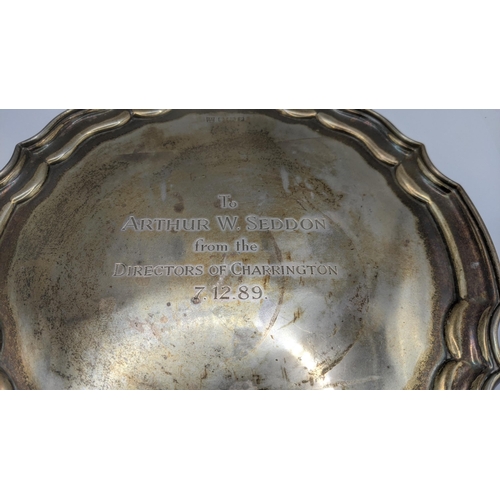 170 - John Turton and Co silver presentation tray on four feet hallmarked 1989, 20.5cm diameter, 327.1g Lo... 