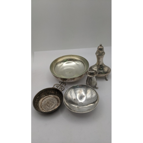 177 - Silver and silver plated items to include two pepper pots, a silver pin dish hallmarked London 1953,... 