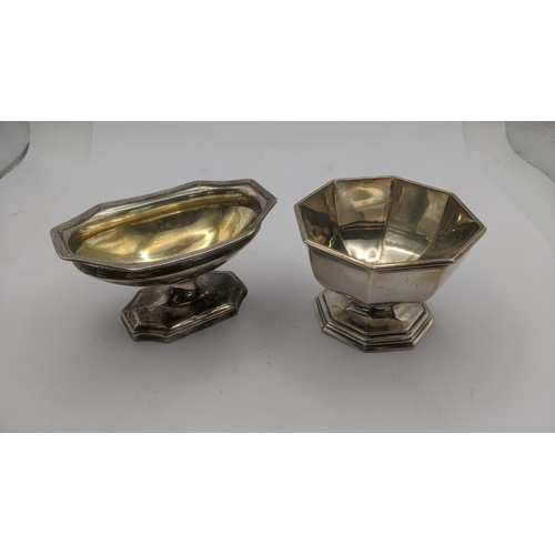 178 - Silver items to include two octagonal shaped salt pots both on pedestal bases, together with two ova... 