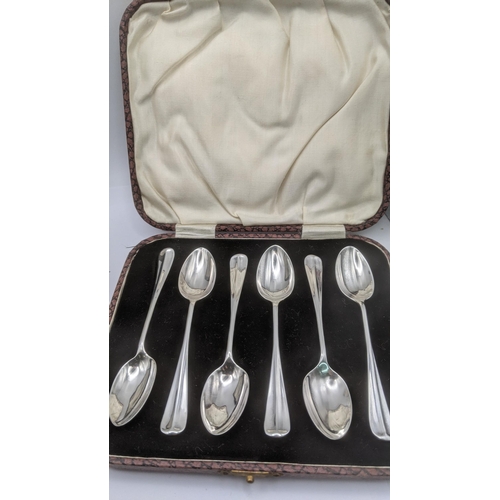 186 - Silver to incude a pair of salts one four feet, a christening set, along with a set of six silver te... 