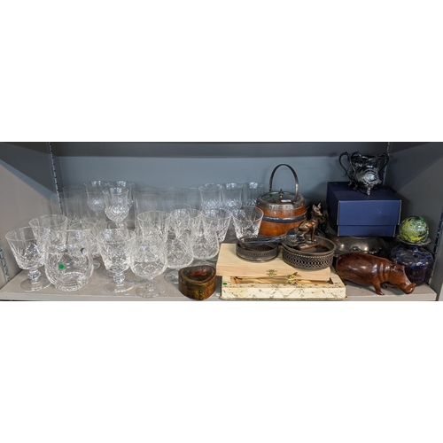 204 - A mixed lot to include glassware, biscuit barrel, Mdina bottle, silver plate including an entrée dis... 