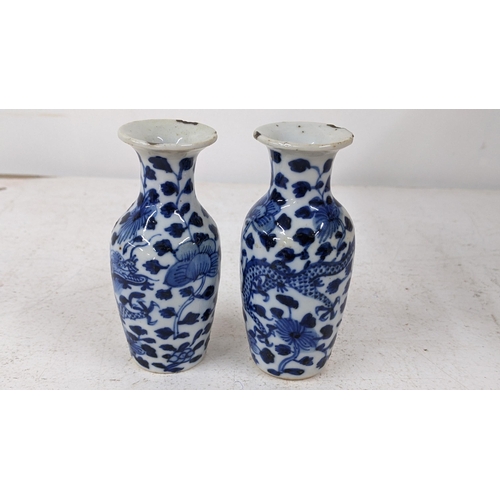 223 - A pair of Chinese late Qing Dynasty miniature blue and white vases decorated with dragons 8.7cm h Lo... 