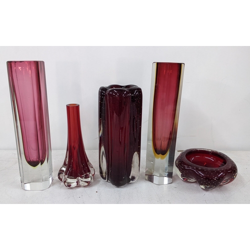 228 - A selection of art ruby coloured glassware to include two Sommerso Murano vases, and three Whitefria... 