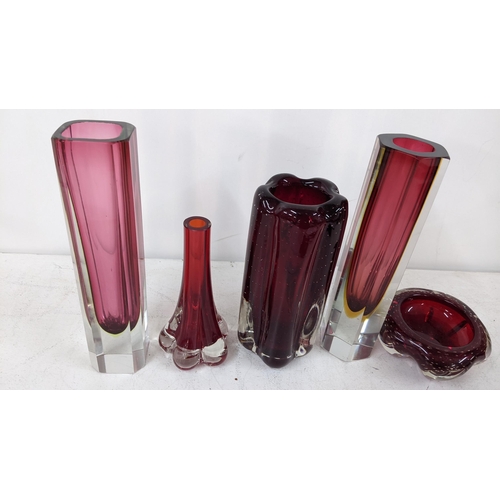 228 - A selection of art ruby coloured glassware to include two Sommerso Murano vases, and three Whitefria... 