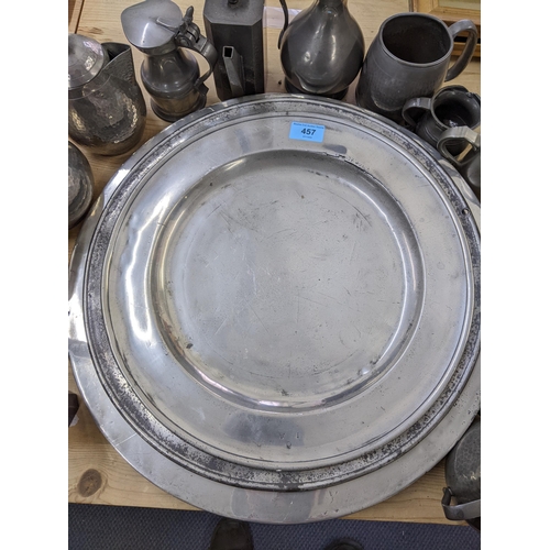 457 - A selection of 18th, 19th and 20th pewter wares to include chargers, plates a manor pewter tea caddy... 