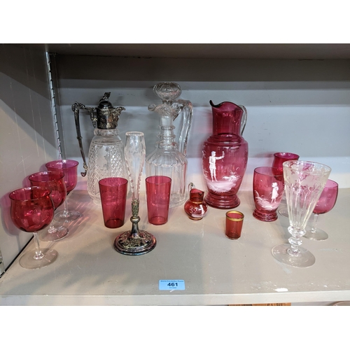 461 - A selection of Victorian glassware to include a cranberry Mary Gregory enamelled water jug and match... 