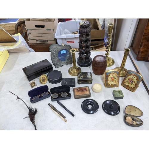 463 - A mixed lot to include a pair of Victorian brass candlesticks, pewter clad photograph frame, 19th ce... 