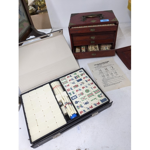 465 - A 20th century wooden cased Mah Jong set with bone and bamboo tiles, bone sticks and dice, the case ... 