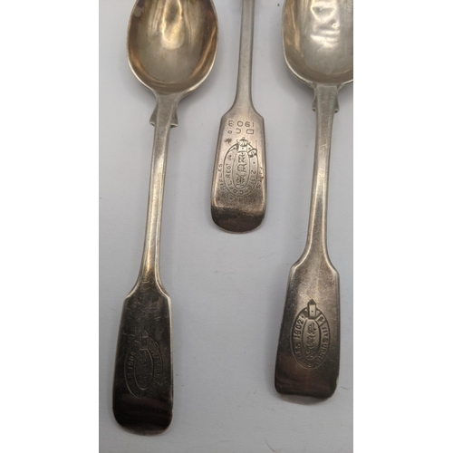 137 - Six silver fiddle pattern spoons some engraved '1st Surrey Rifles' to the terminals and one other, t... 