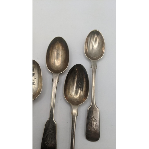 137 - Six silver fiddle pattern spoons some engraved '1st Surrey Rifles' to the terminals and one other, t... 