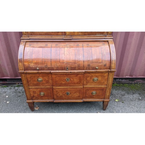 244 - A late 18th century German secretaire cylinder desk, inlaid with mixed veneers, chequer banded, dent... 