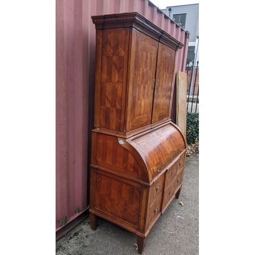 244 - A late 18th century German secretaire cylinder desk, inlaid with mixed veneers, chequer banded, dent... 