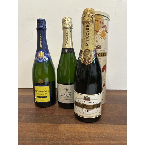 123 - Three bottles of Champagne to include Mercier 750ml, Gardet, Heidsieck Blue Top
Location:
If there i... 