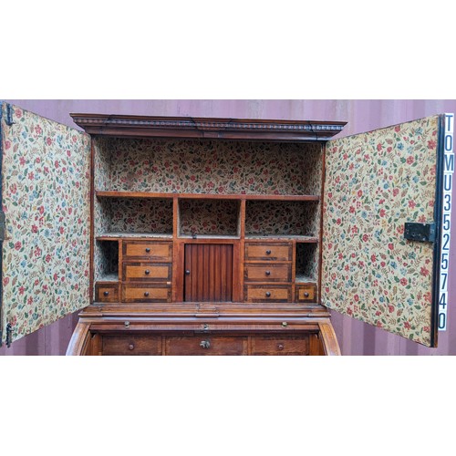 244 - A late 18th century German secretaire cylinder desk, inlaid with mixed veneers, chequer banded, dent... 