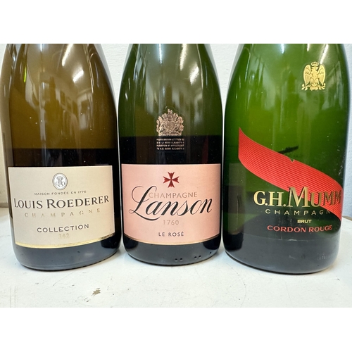 3 - Three bottles of Champagne to include Lanson Le Rose Louis Roederer Champagne, G H Mumm
Location:
If... 