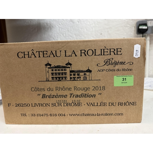 31 - Brezeme Cotes du Rhone Chateau de la Roliere 2018, RH55061, one case of six
Location:
If there is no... 