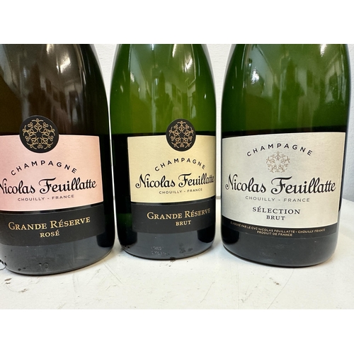 4 - Three bottles of Nicolas Feuillatte Champagne to include Grande Reserve, Rose and Brut, 750ml x 3
Lo... 