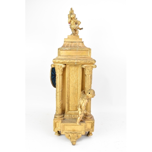 111 - A late 19th century French gilt metal mantle clock, the case of architectural form, mounted with che... 