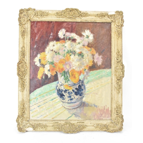 234 - A mid 20th century British school oil on canvas still life, unsigned, label to the verso inscribed '... 