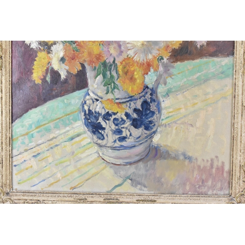 234 - A mid 20th century British school oil on canvas still life, unsigned, label to the verso inscribed '... 