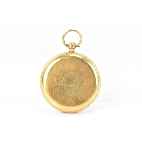 86 - A Victorian 18ct gold, open face pocket watch, the gilt dial having a floral engraved centre, Roman ... 