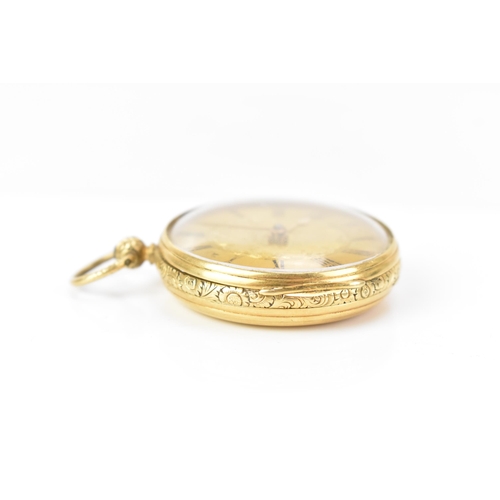 86 - A Victorian 18ct gold, open face pocket watch, the gilt dial having a floral engraved centre, Roman ... 