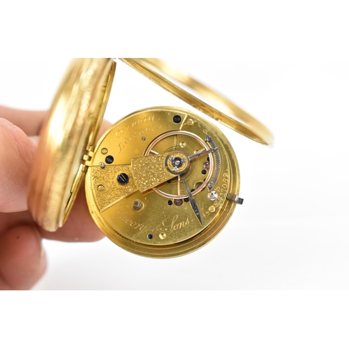 86 - A Victorian 18ct gold, open face pocket watch, the gilt dial having a floral engraved centre, Roman ... 