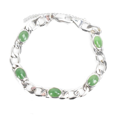 251 - An 18ct white gold jade set bracelet, having curb chain links with five jade cabochons, certificate ... 