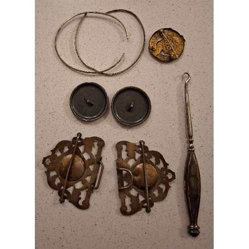 63 - An early 20th century white metal nurses buckle with 3 heart design to the centres, a Canadian 92nd ... 