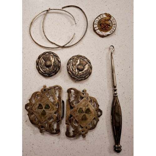 63 - An early 20th century white metal nurses buckle with 3 heart design to the centres, a Canadian 92nd ... 