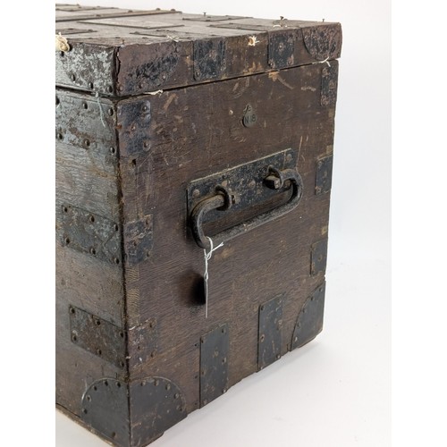 316 - A 19th century iron banded, oak silver chest with a brass plaque inscribed The Right Hon Lord Pirbri... 